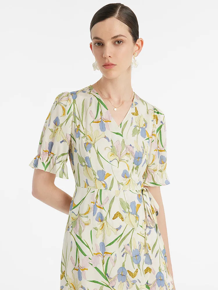 19 Momme Robe mi-longue enveloppée en soie de mûrier imprimée iris ave