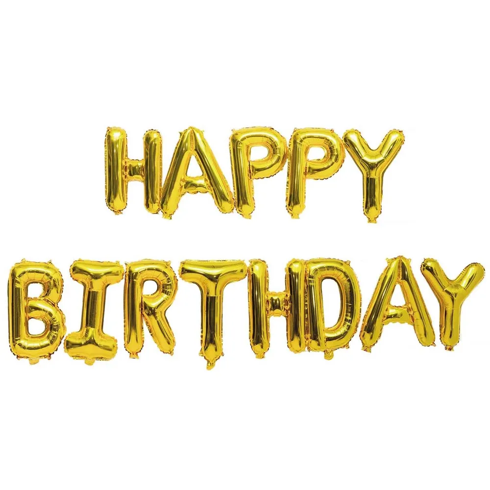 Ballons aluminium "Happy Birthday" 13 caratères dorés, H. 36 cm