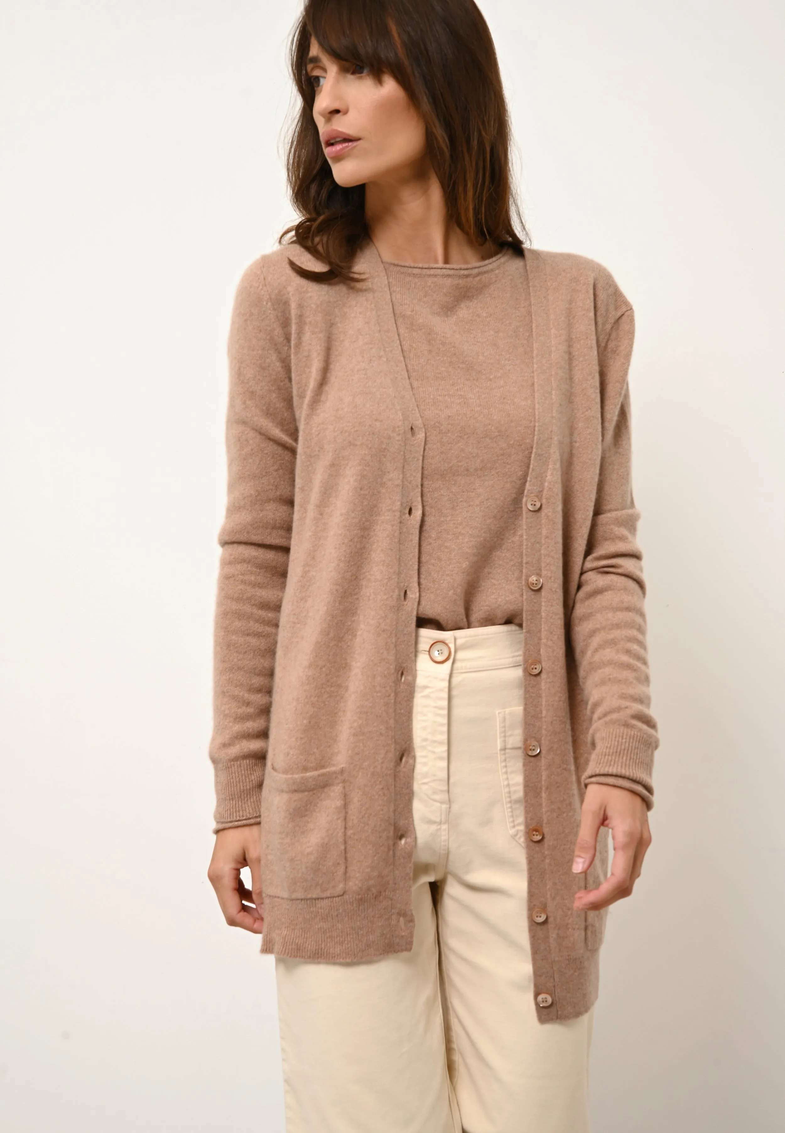 CHELSEA cardigan col v camel chiné