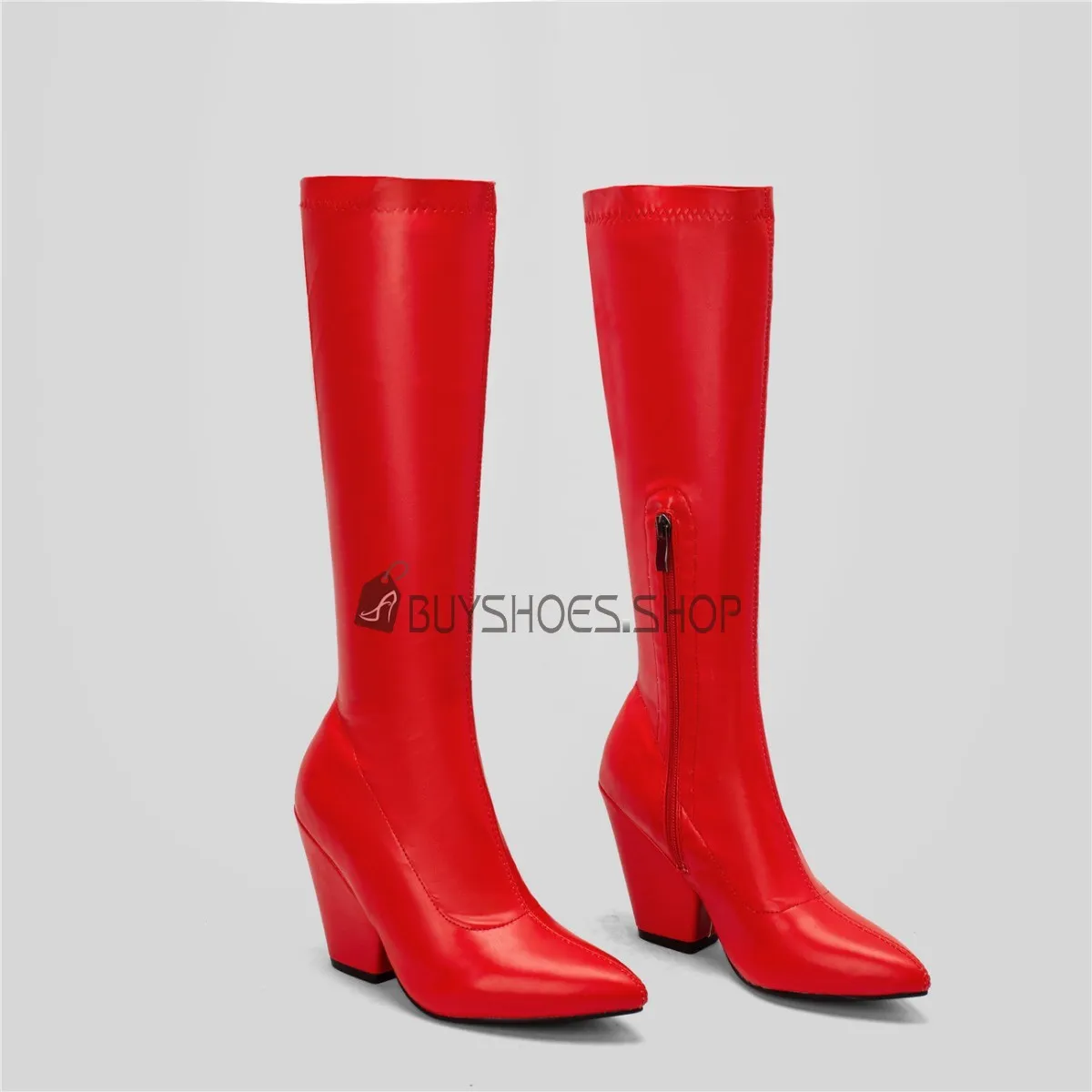 Confort Simili Cuir Bottes Haute Talon Epais Boots Femme A Talon Haut 10 cm Habillé Vernis Bottes Genoux Talon Carré