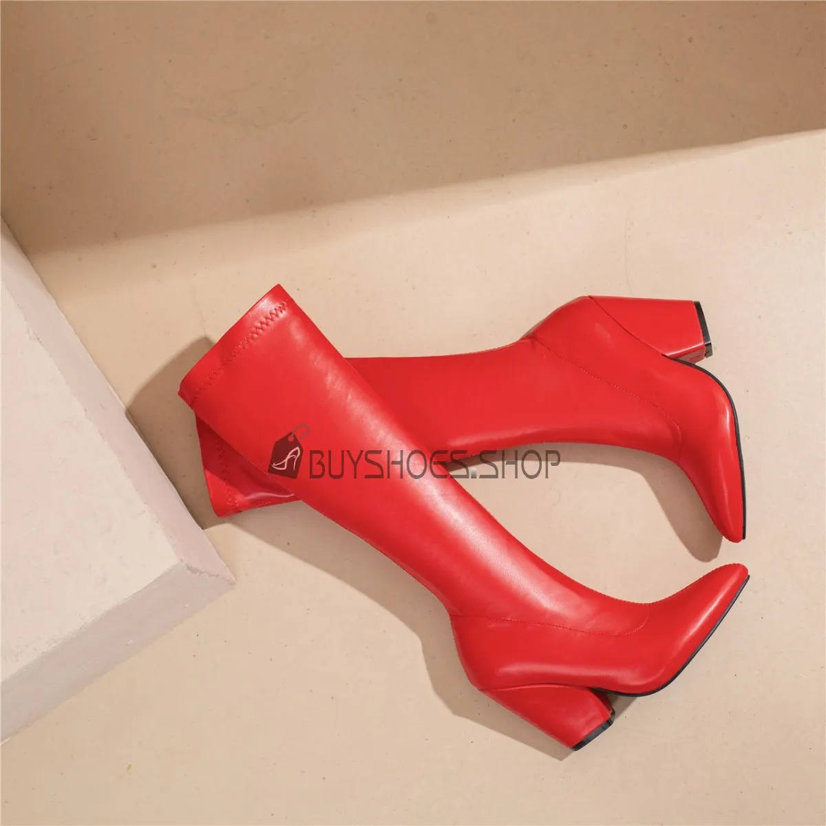 Confort Simili Cuir Bottes Haute Talon Epais Boots Femme A Talon Haut 10 cm Habillé Vernis Bottes Genoux Talon Carré