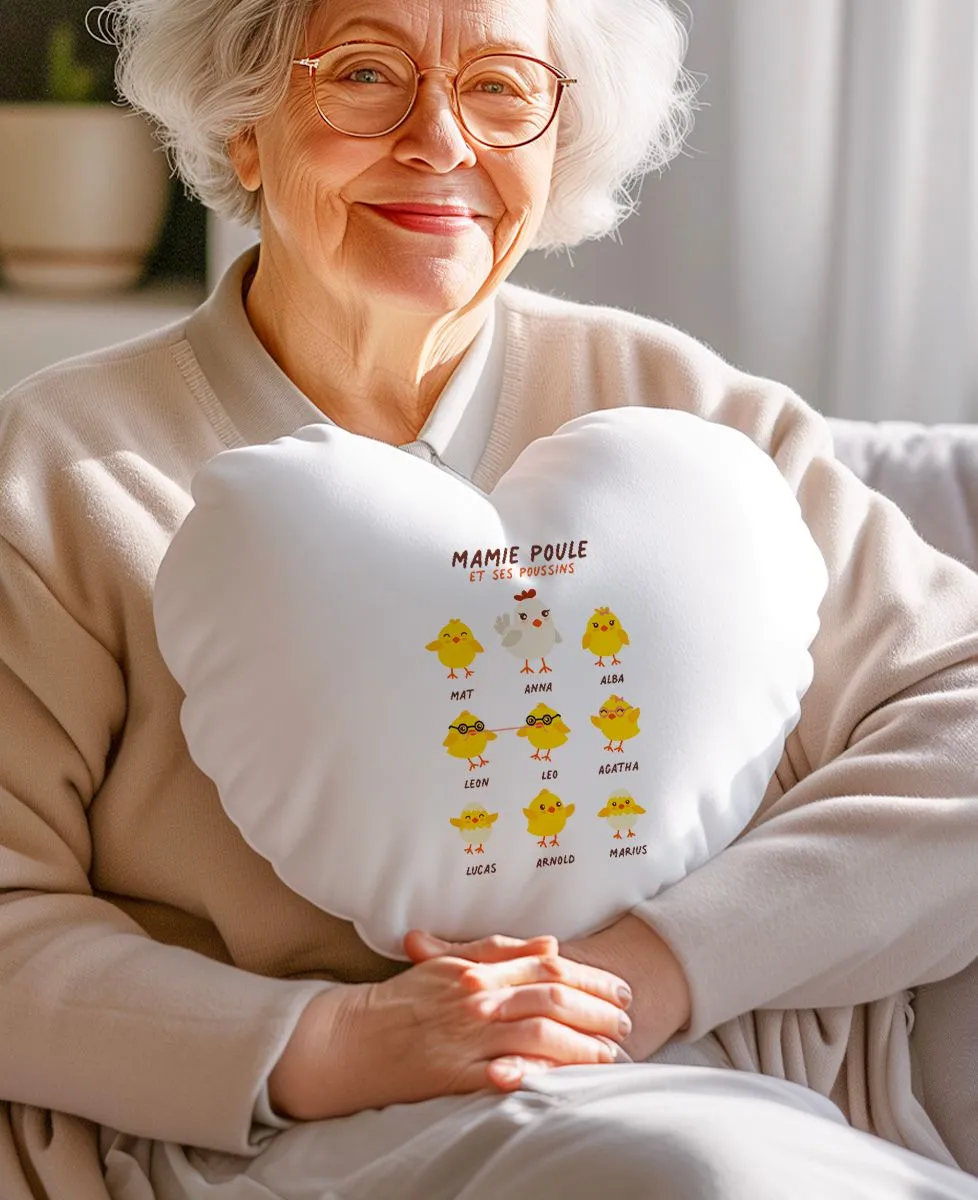Coussin coeur Mamie poule et ses poussins personnalisé