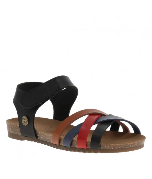Nu-pieds multicolores à talon plat avec brides entrecroisées et bande auto-agrippante