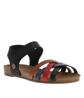 Nu-pieds multicolores à talon plat avec brides entrecroisées et bande auto-agrippante