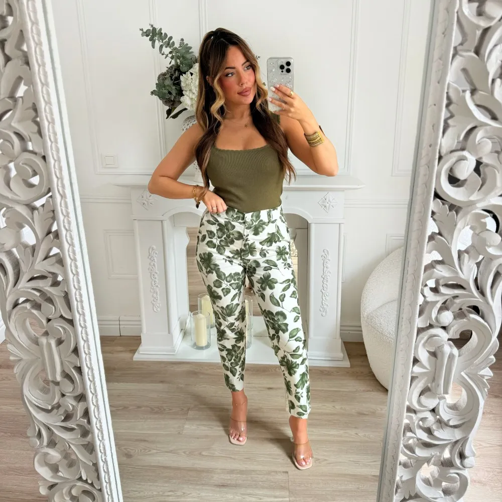 PANTALON FLEURI KAKI