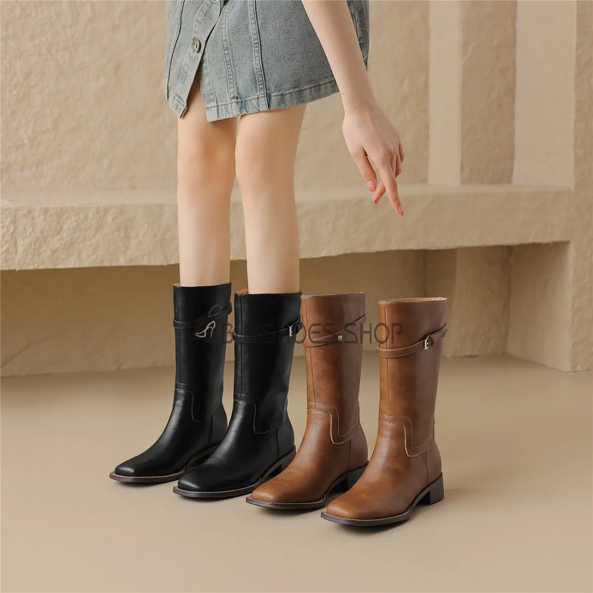 Plate Brodé Cowboy Femme Confort Bottes Mi Mollet Rétro