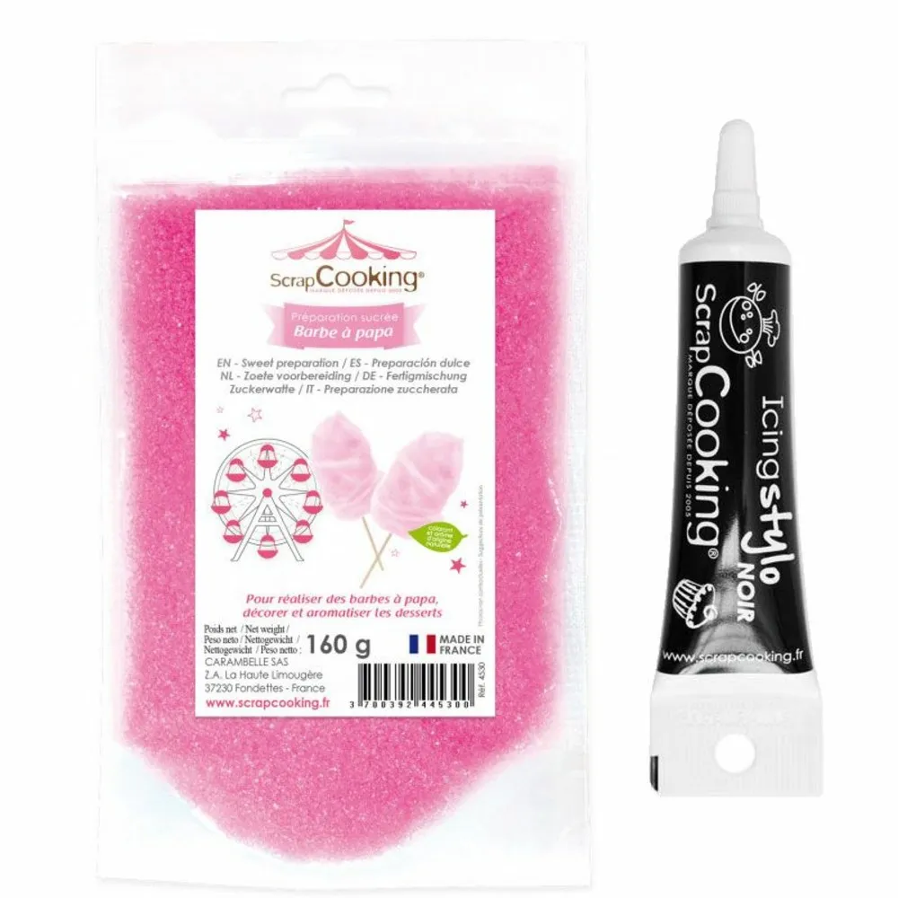 Préparation barbe à papa rose + stylo glaçage noir
