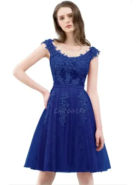 Robe De Cocktail Bal Chic Courte Bleu Roi Tulle Dentelle Perle