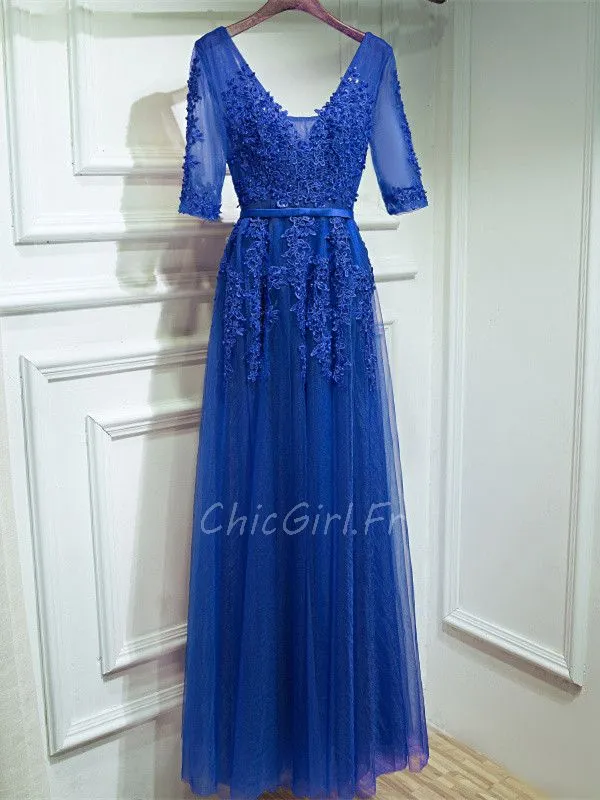 Robe De Soirée Bal Classique Longue Bleu Roi Tulle Dentelle Col V Manche 3 4