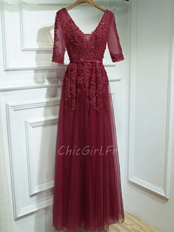 Robe De Soirée Bal Classique Longue Bordeaux Tulle Dentelle Col V Manche 3 4