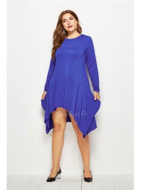 Robe Grande Taille Courte Devant Bleu Roi Manche Longue Col Rond