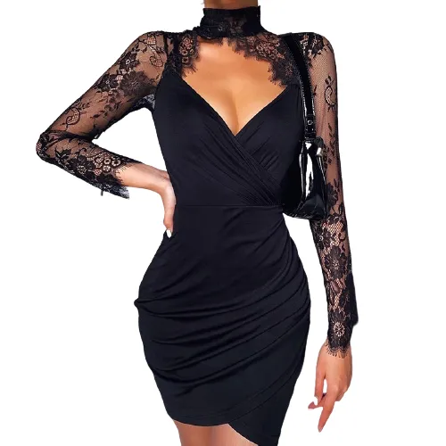 Robe Noir Dentelle Manche Longue