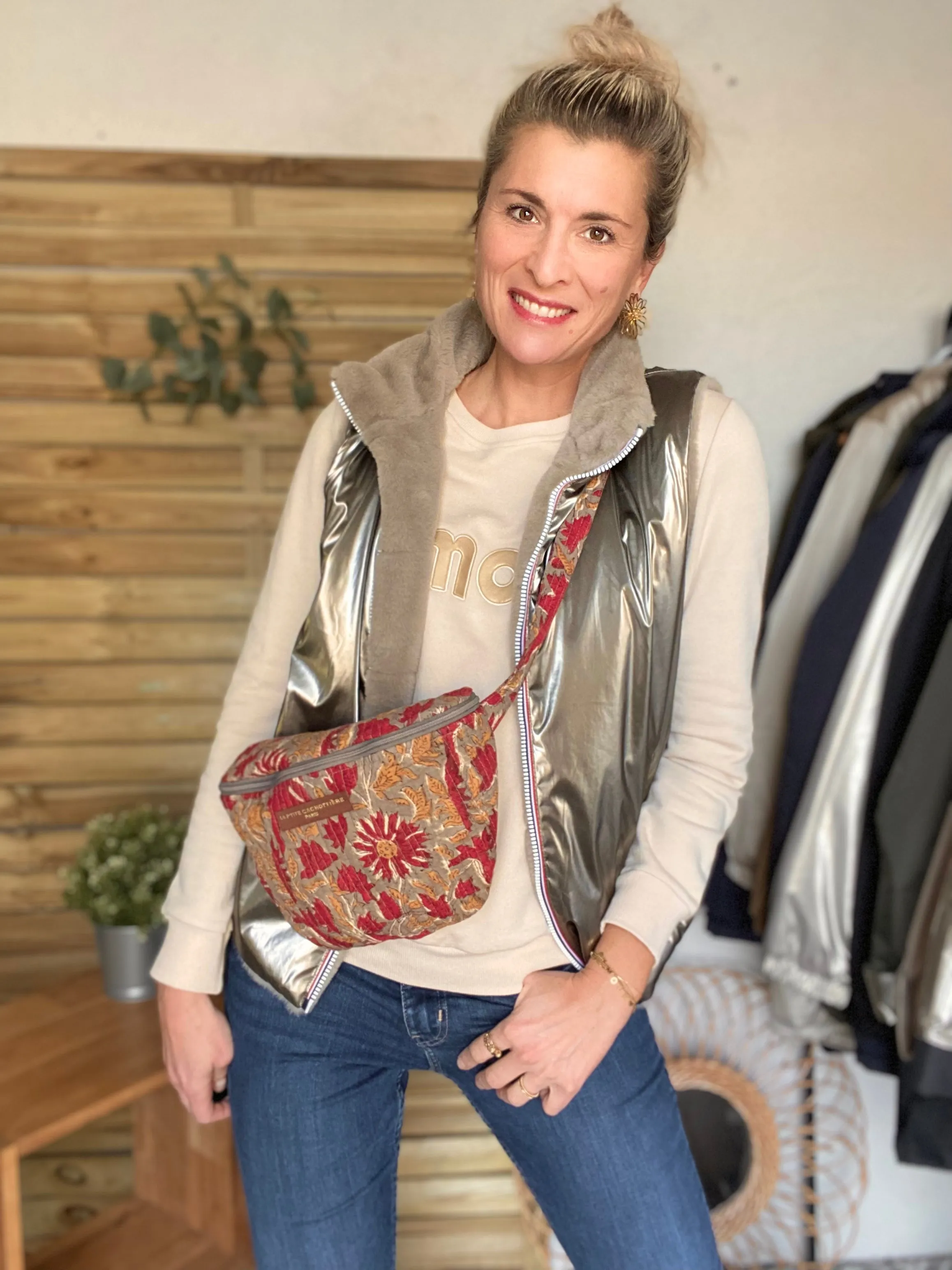 Sac banane matelassé imprimé Blockprint JEANNE la P’tite Cachottière - Fleuri ocre & rouge - FIN DE SRIE