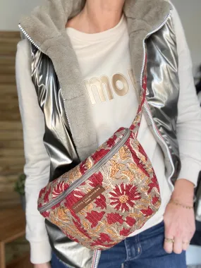 Sac banane matelassé imprimé Blockprint JEANNE la P’tite Cachottière - Fleuri ocre & rouge - FIN DE SRIE