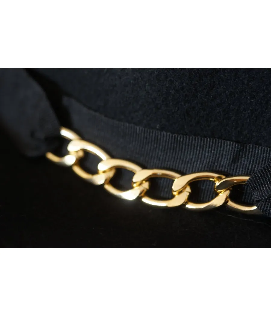 SANTAIA CHAPEAU 100% LAINE NOIRE FEUTRE CHAÎNETTE OR SUR GALON