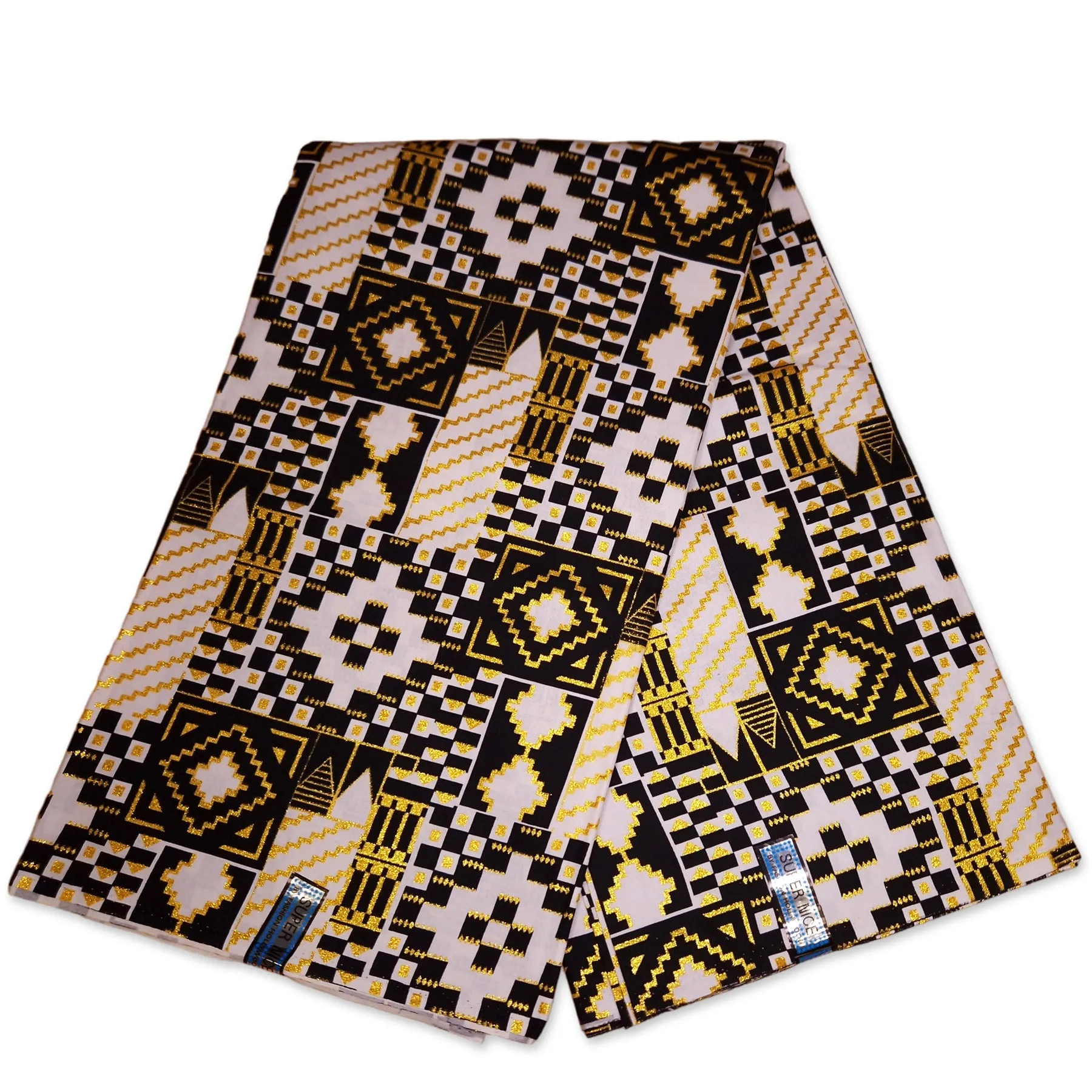Tissu imprimé africain - Effets pailletés exclusifs 100% coton - KT-3130 Kente Or Noir Blanc