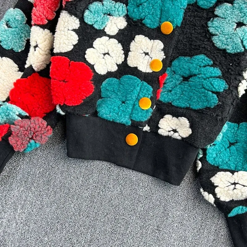Veste style coréen à fleurs manches longues et col rond pour femme rouge | Tendance Fleurie